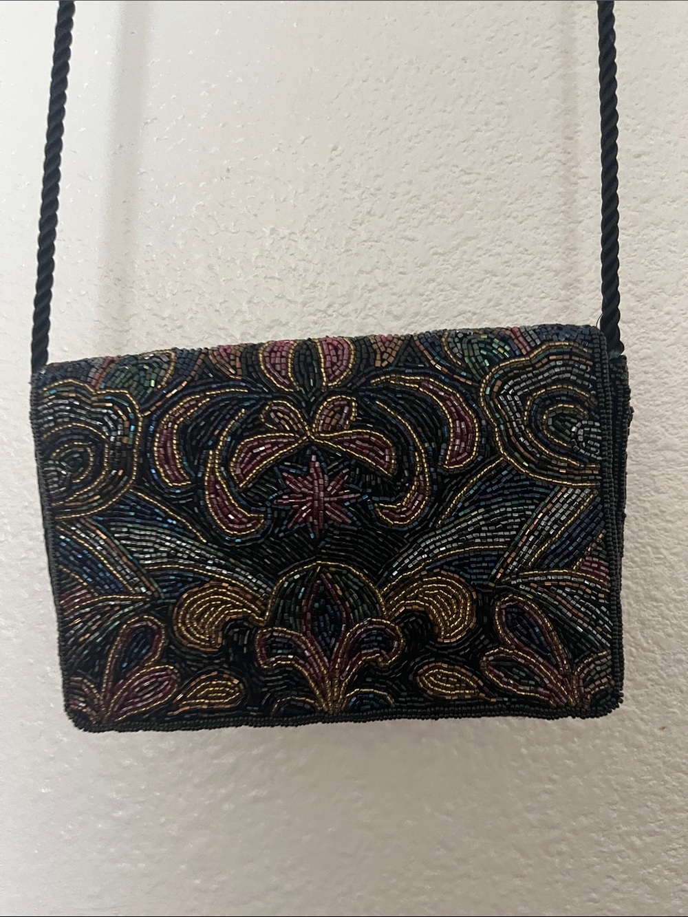 Embroidered Beaded Crossbody Bag - Black Multicolor